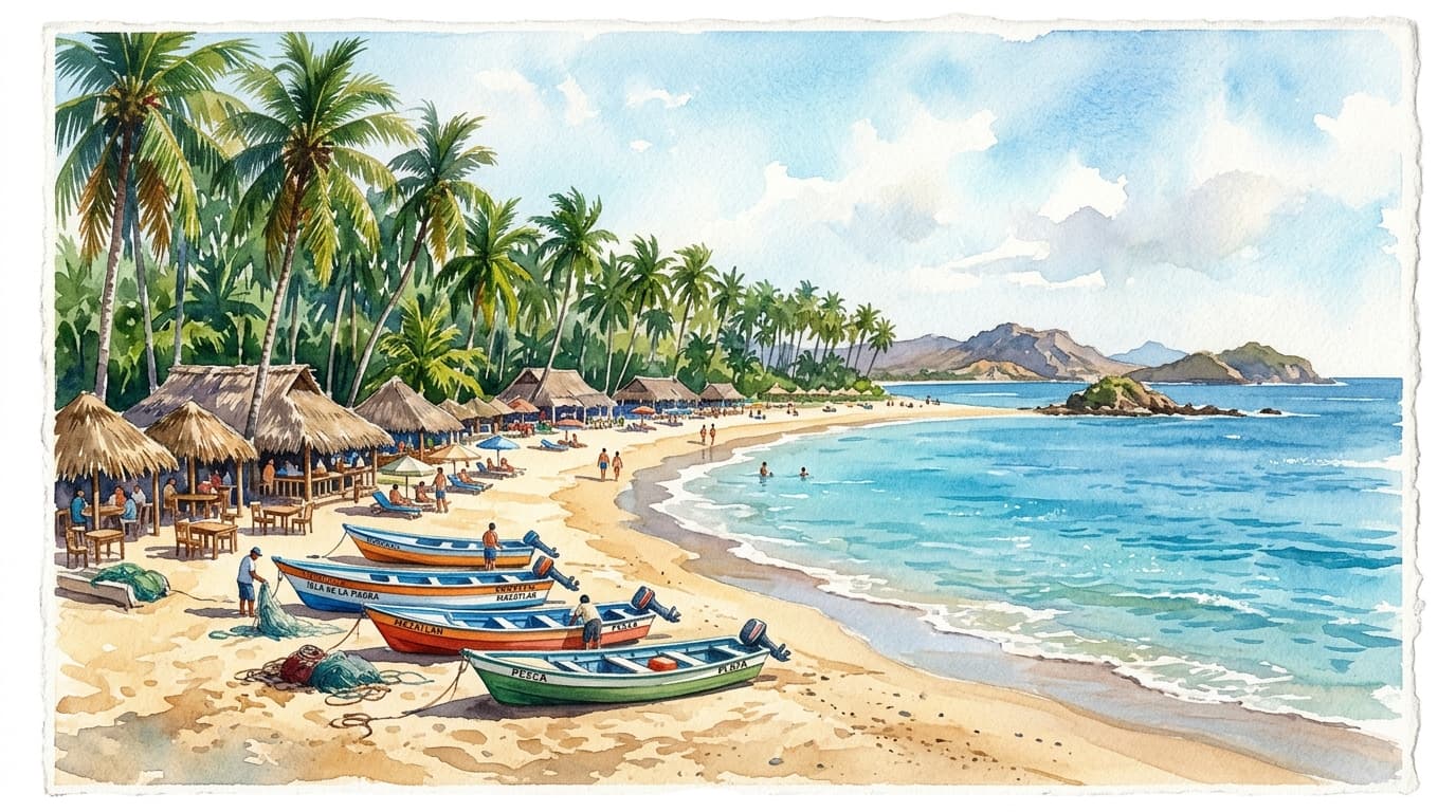 Isla de la Piedra Mazatlán con palapas y playa