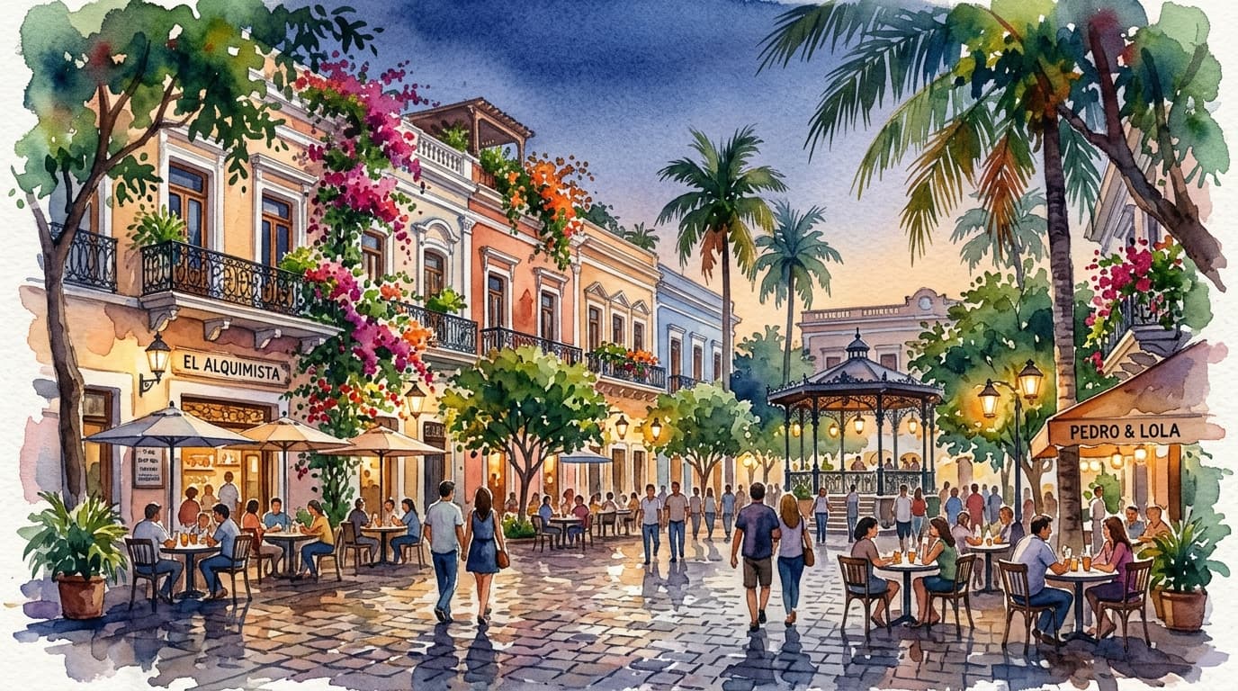 Acuarela de la Plazuela Machado en el Centro Histórico de Mazatlán